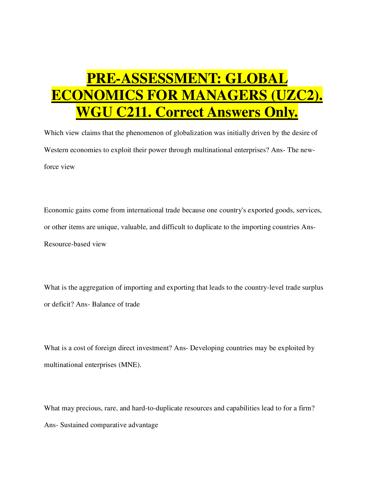 Preview image for PRE-ASSESSMENT: GLOBAL  ECONOMICS FOR MANAGERS (UZC2).  WGU C211. Correct Answers Only.